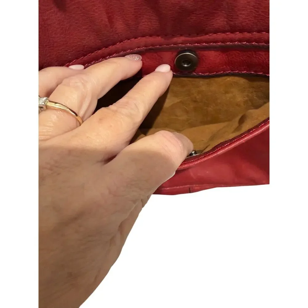 Patricia Nash Karisa Leather Whipstitch Saddle Bag Berry Red Tassels